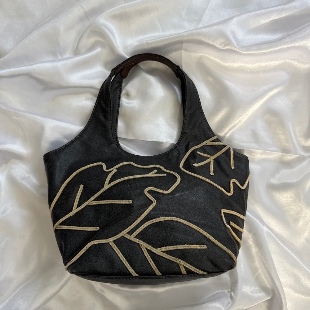 Nine West Black Faux Leather Leaf Embroidered Hobo Bag Mini Handbag Y2K - Picture 2 of 5